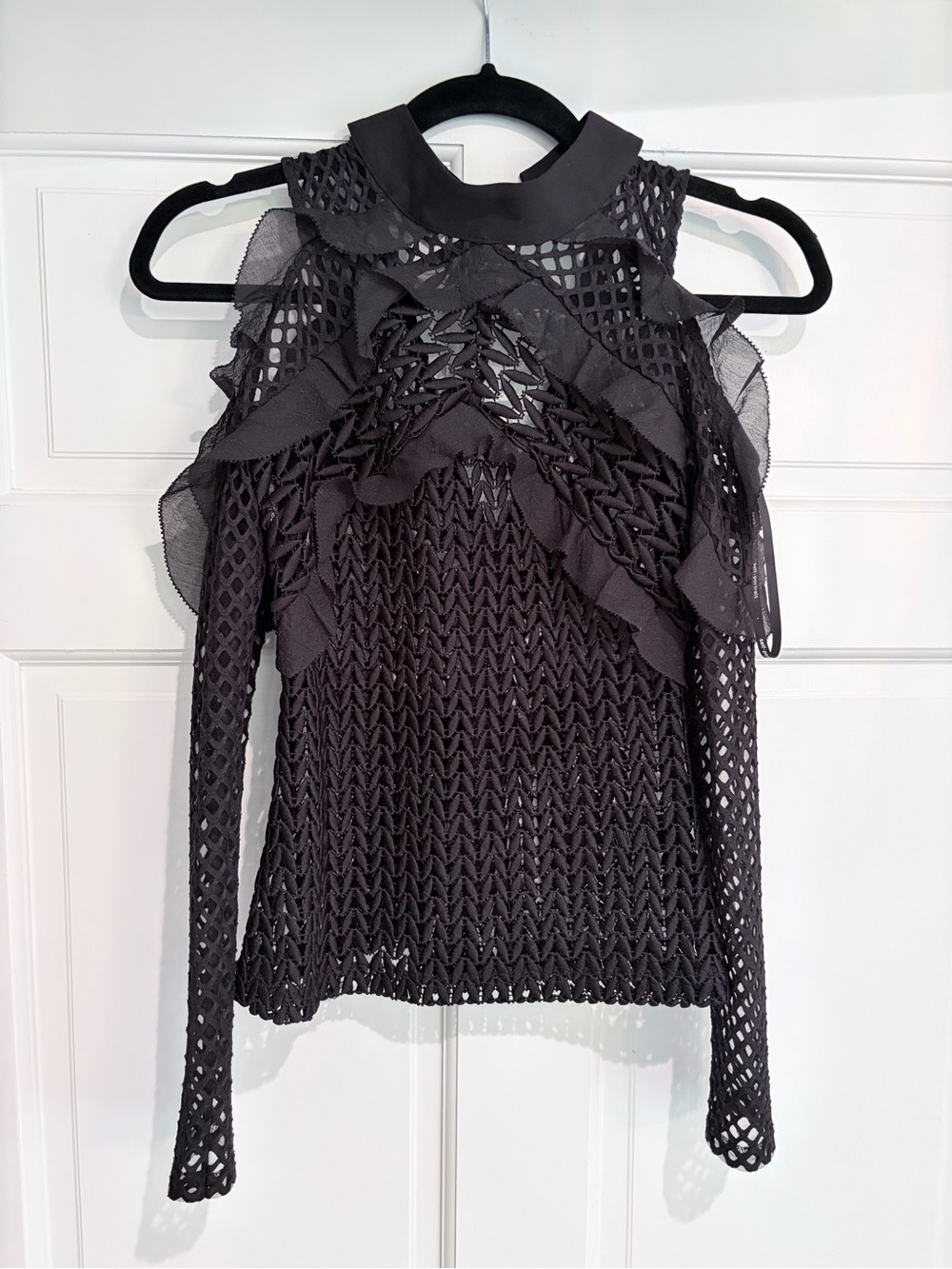 Self-Portrait Black Guipure Frill Lace Cold-Shoulder Top UK 4 US 0